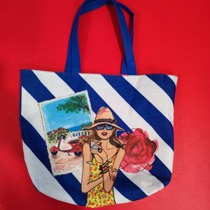 Lancome Paris beach bag / tote bag blue white stripe with Vespa scooter
